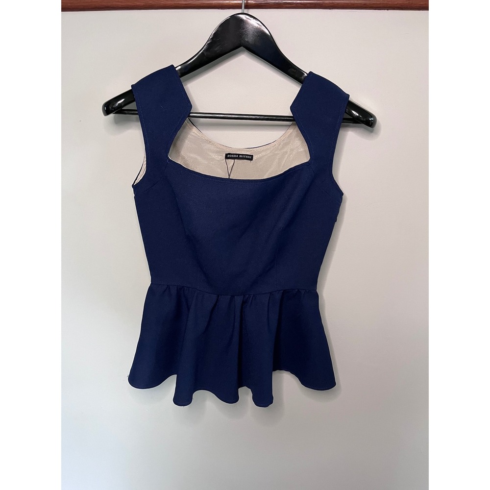 Donna Mizani Navy Blue Crepe Peplum Top Square Neck Sleeveless Blouse Small
